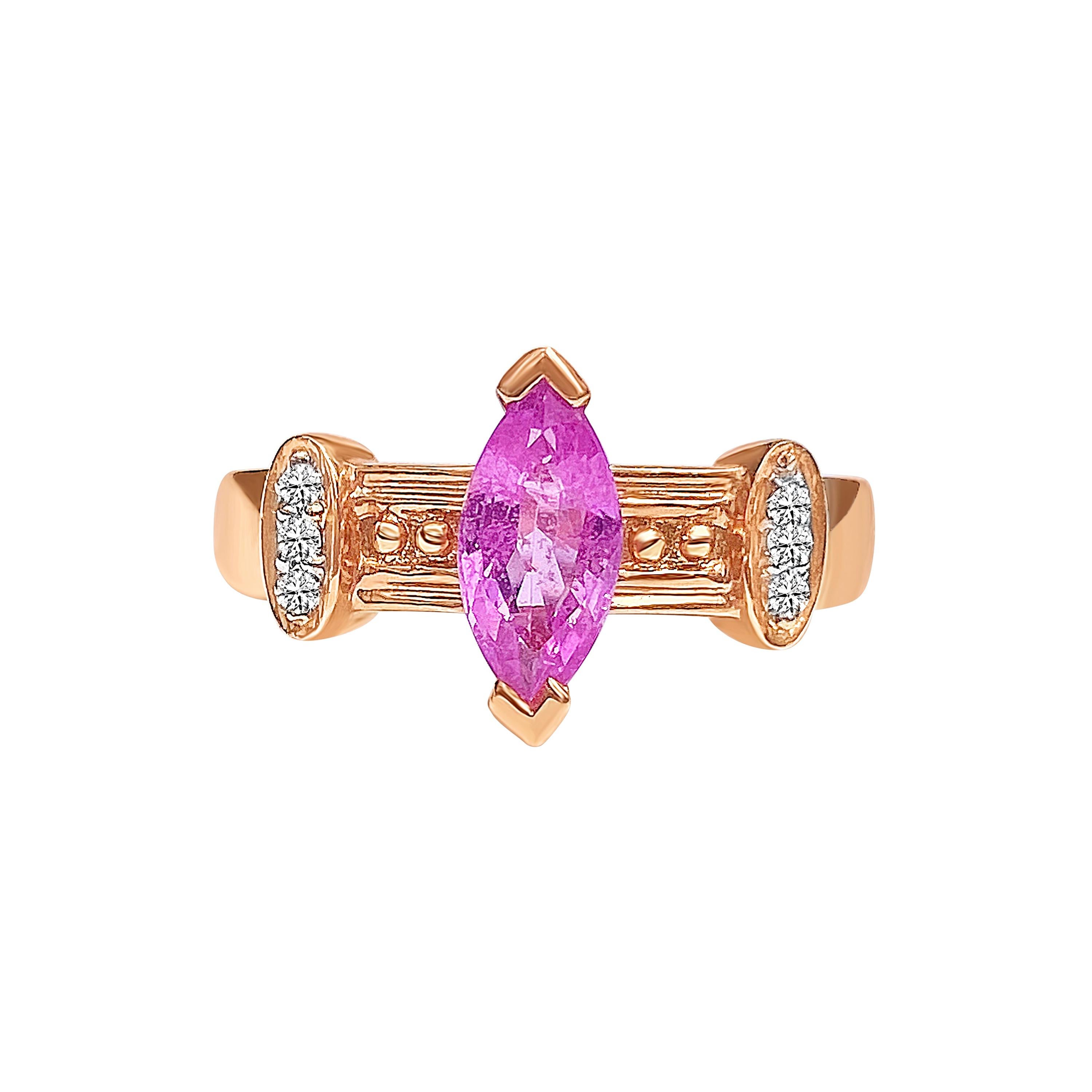 Marquise Cut Pink Sapphire and Diamond in 14k Rose Gold Retro Style Ring For Sale