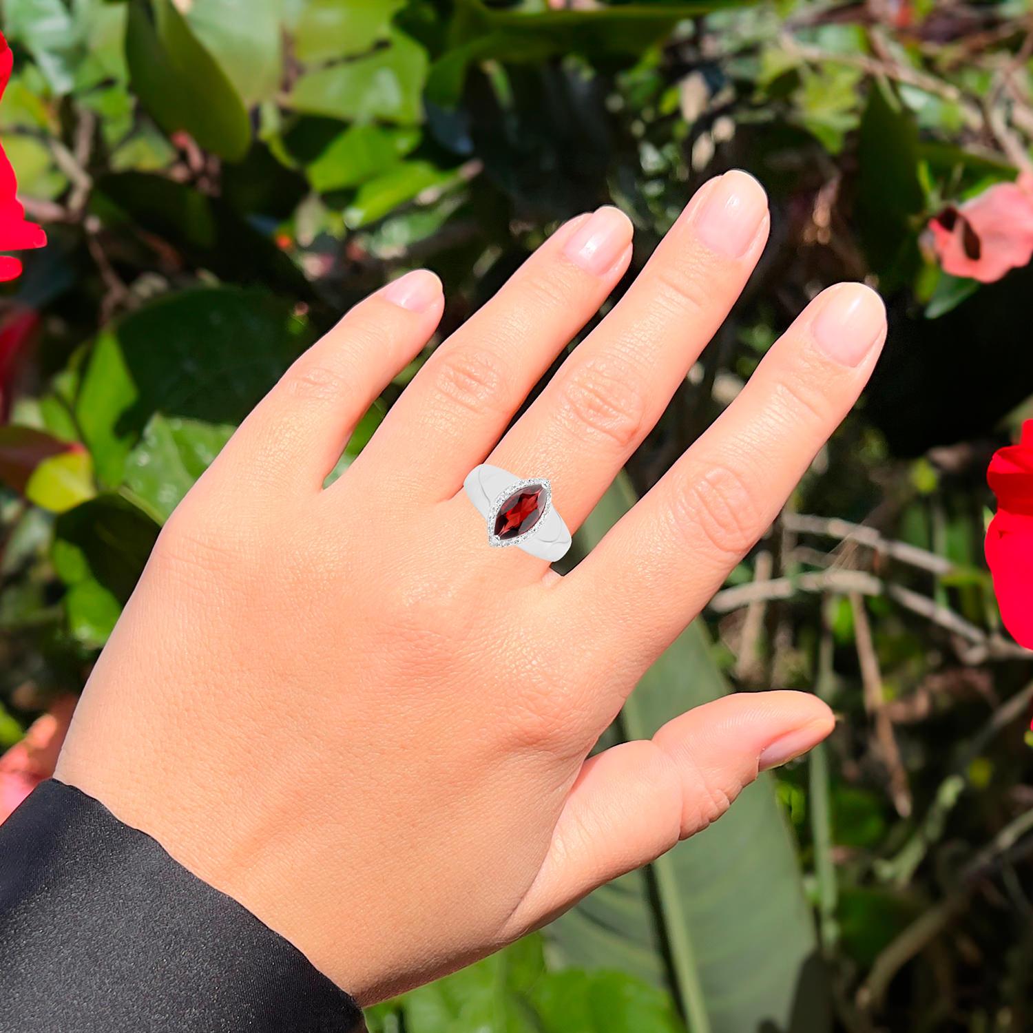 Contemporary Marquise Cut Red Garnet Ring White Topaz Halo 2.07 Carats Total For Sale