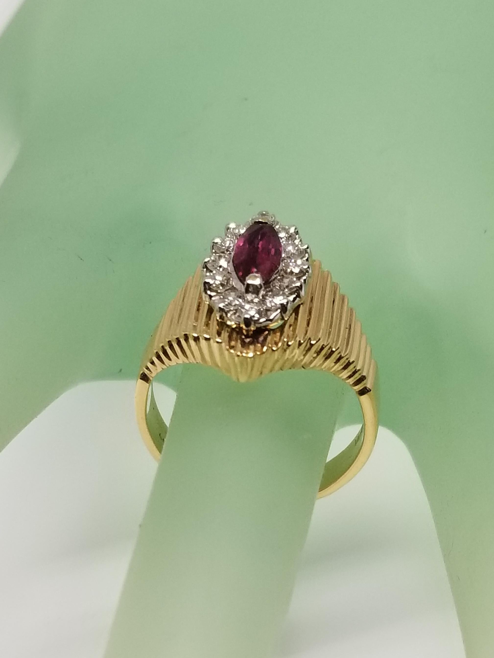 Contemporary Marquise Cut Ruby and Diamond 14 Karat Ring For Sale