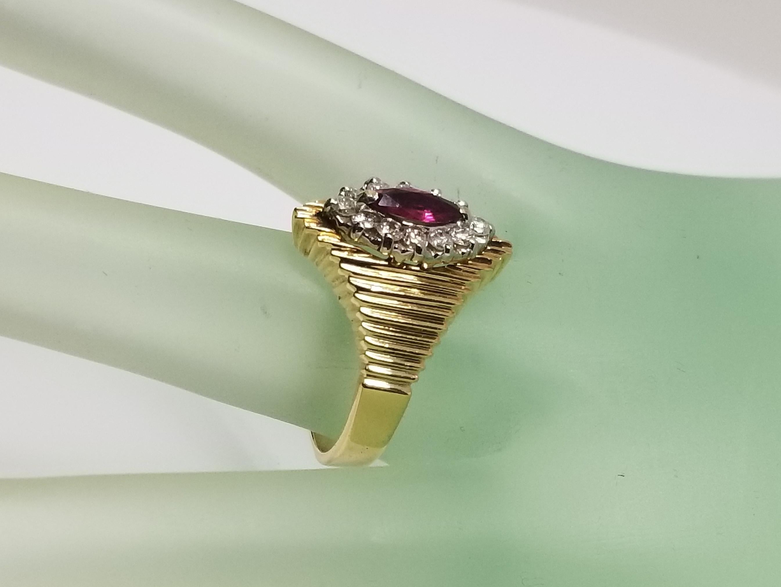 Marquise Cut Ruby and Diamond 14 Karat Ring In New Condition For Sale In Los Angeles, CA