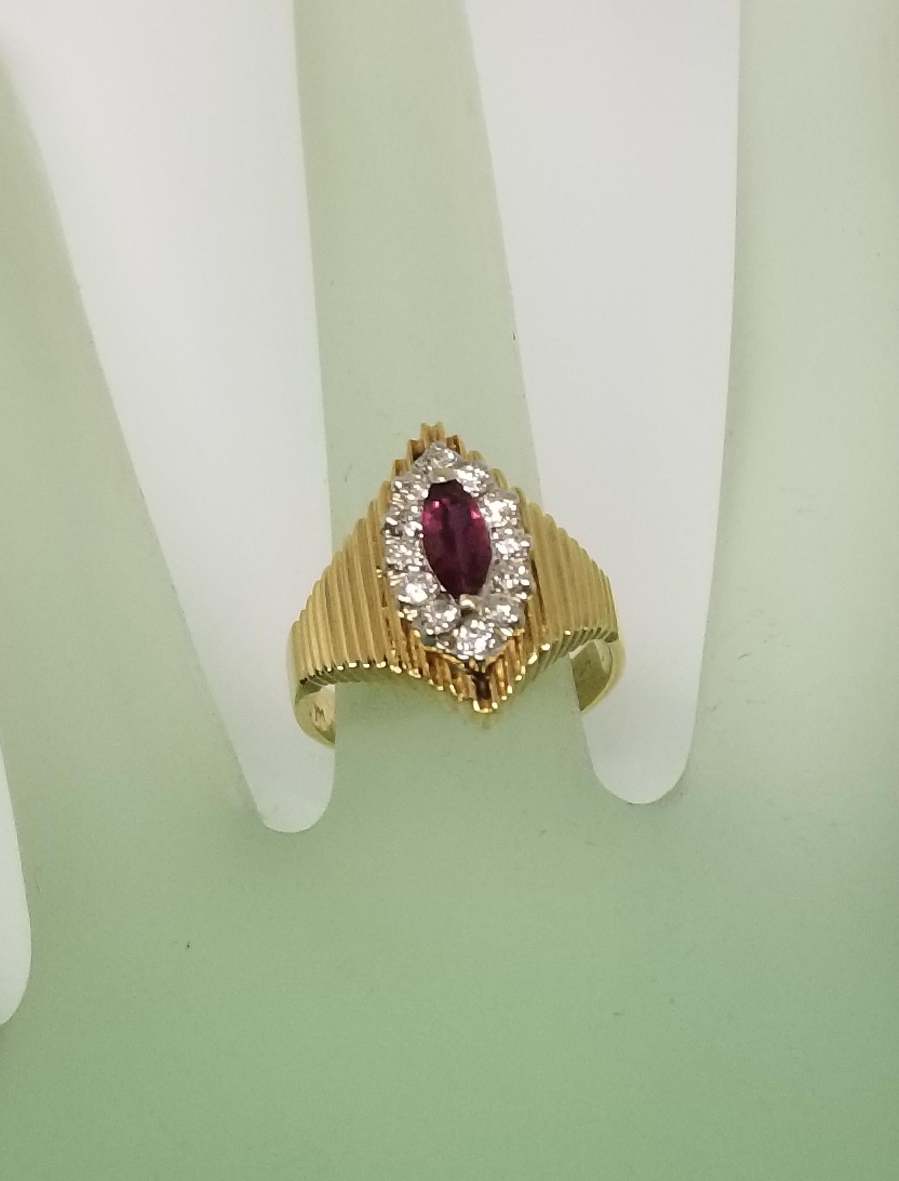 Marquise Cut Ruby and Diamond 14 Karat Ring In New Condition For Sale In Los Angeles, CA