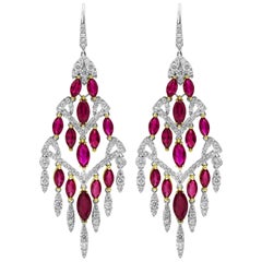 Roman Malakov, boucles d'oreilles chandelier en rubis et diamants taille marquise de 20,71 carats au total