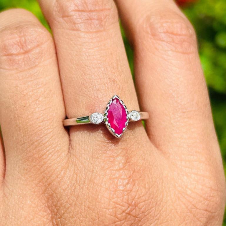 For Sale:  Marquise Cut Ruby and Diamond Three Stone Ring in 925 Sterling Silver for Her 2