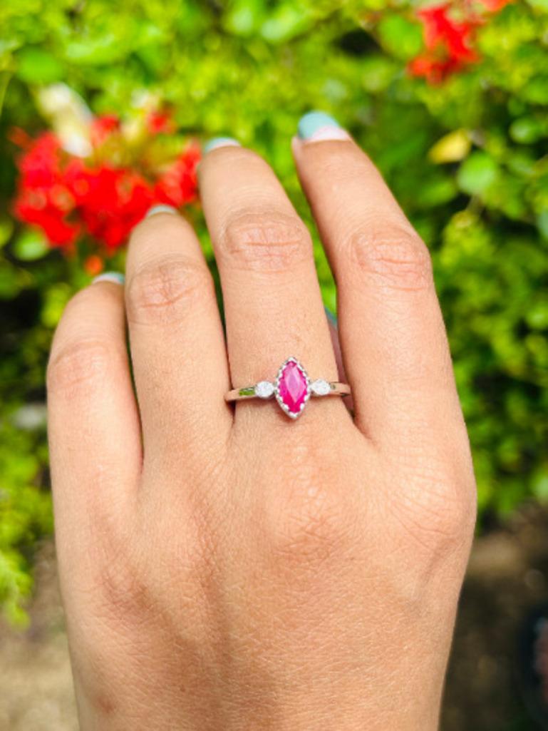 For Sale:  Marquise Cut Ruby and Diamond Three Stone Ring in 925 Sterling Silver for Her 4