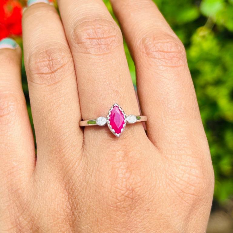 For Sale:  Marquise Cut Ruby and Diamond Three Stone Ring in 925 Sterling Silver for Her 6