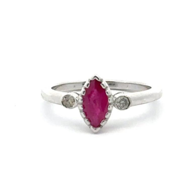 For Sale:  Marquise Cut Ruby and Diamond Three Stone Ring in 925 Sterling Silver for Her 8