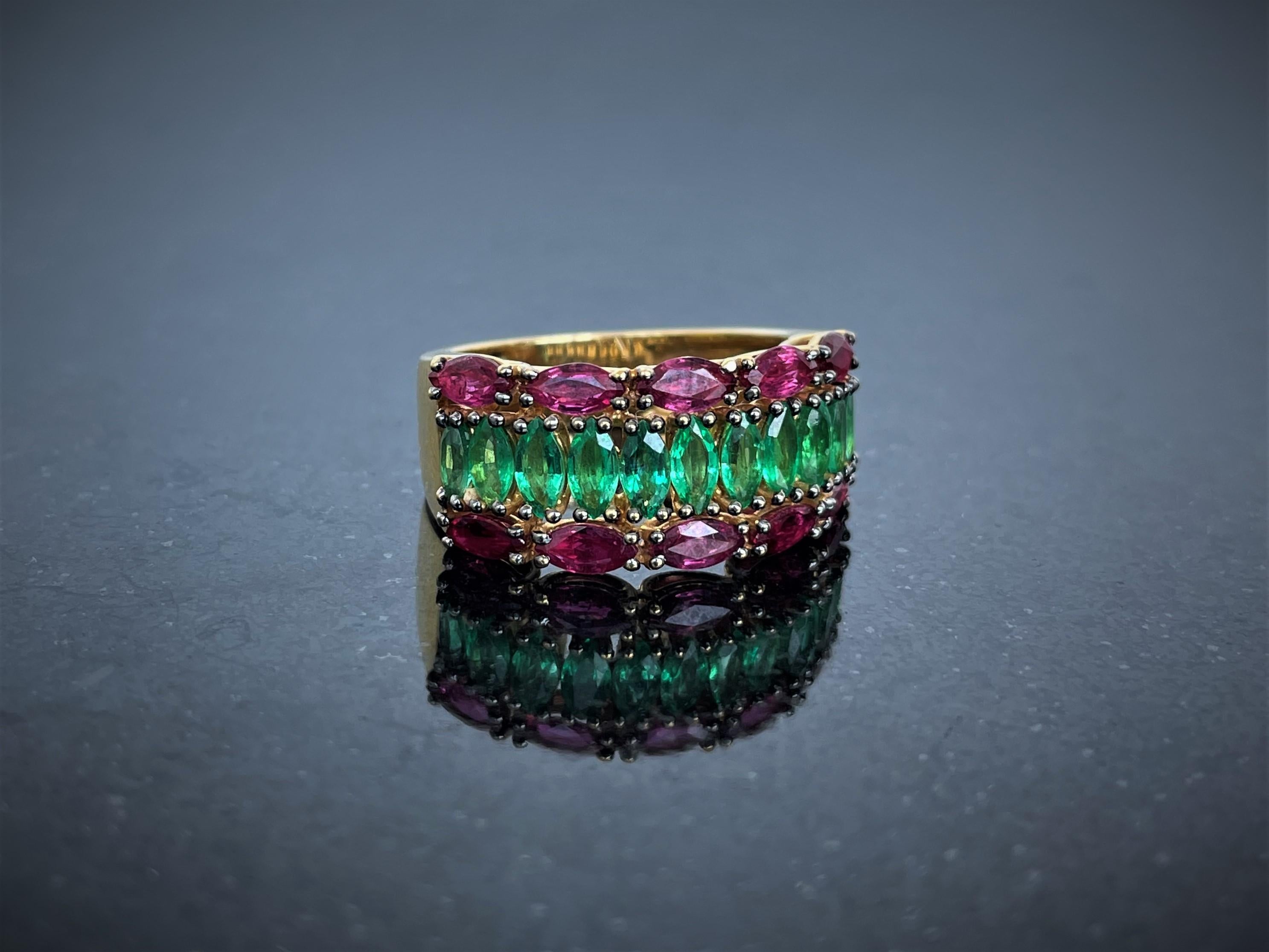 Contemporary Vintage Rosior Marquise Cut Ruby and Emerald Cocktail Ring set in Yellow Gold