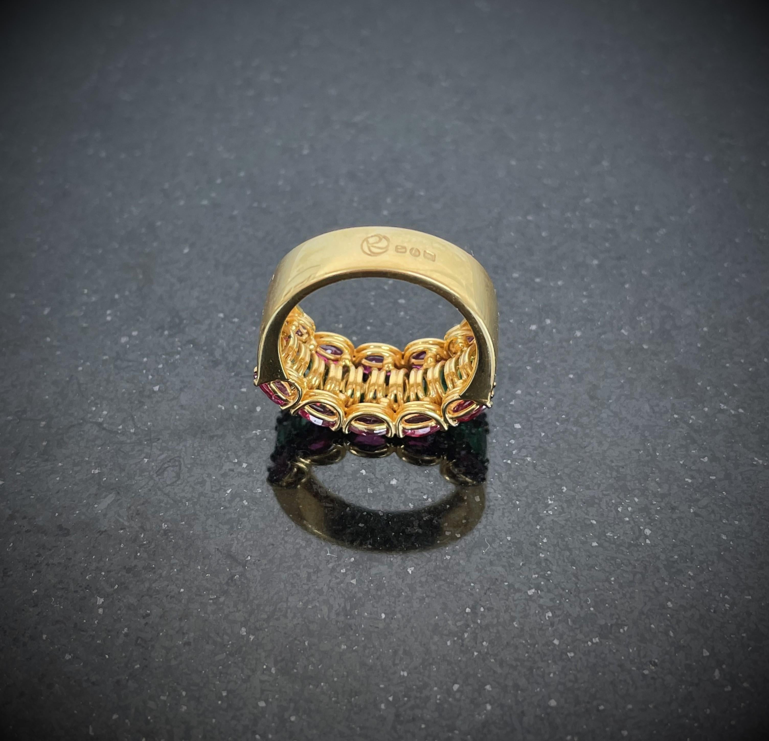 Women's or Men's Vintage Rosior Marquise Cut Ruby and Emerald Cocktail Ring set in Yellow Gold