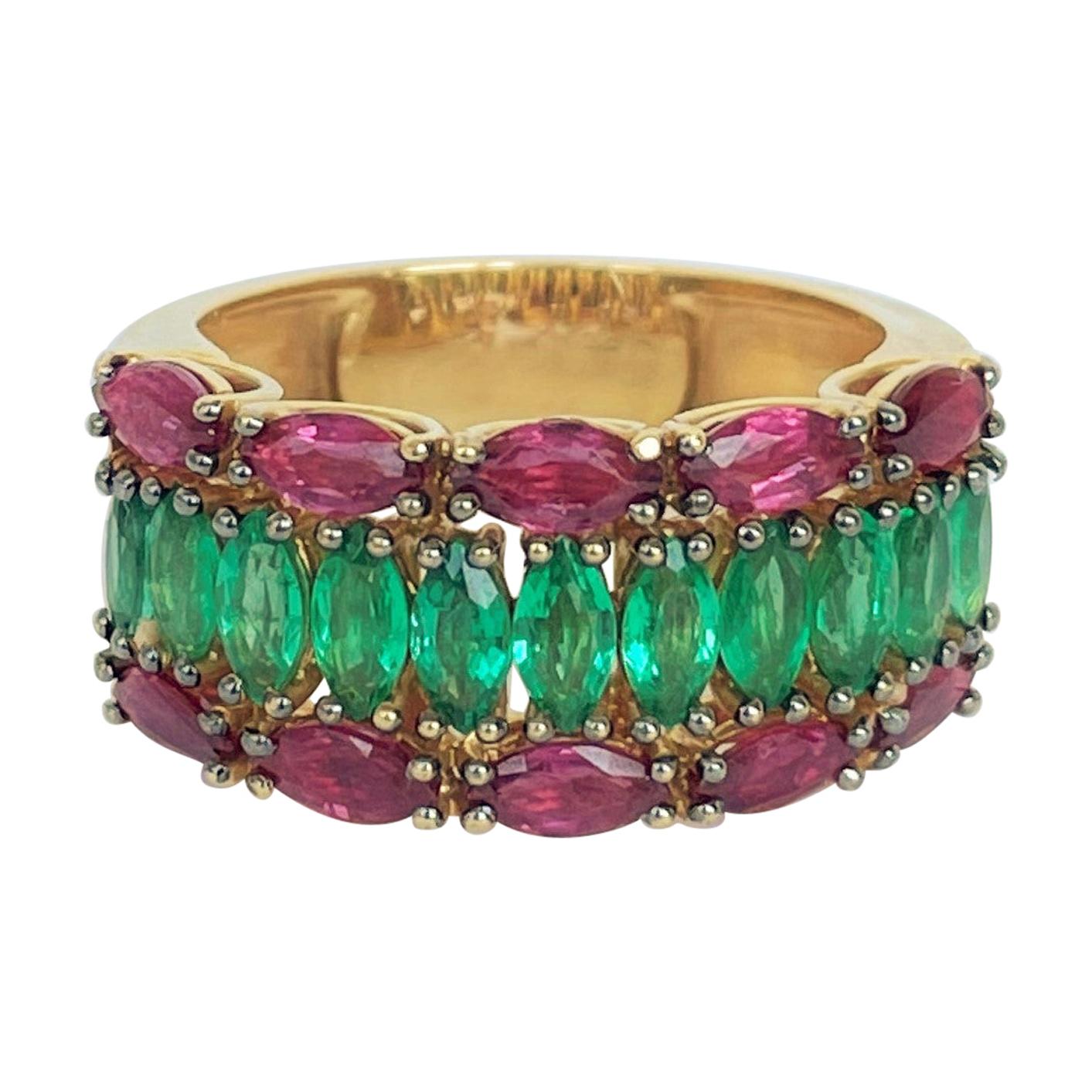 Vintage Rosior Marquise Cut Ruby and Emerald Cocktail Ring set in Yellow Gold