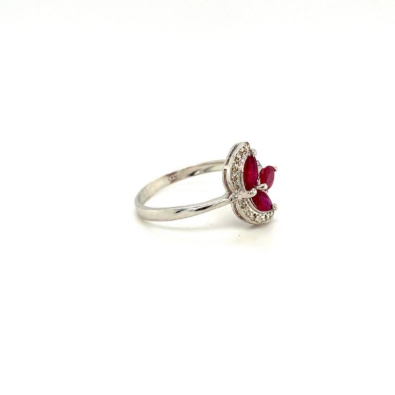 For Sale:  Marquise Cut Ruby and Halo Diamond Leaf Ring in 925 Sterling Silver 5