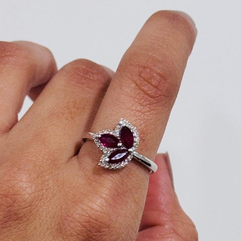 For Sale:  Marquise Cut Ruby and Halo Diamond Leaf Ring Gift for Girlfriend in 925 Silver 8
