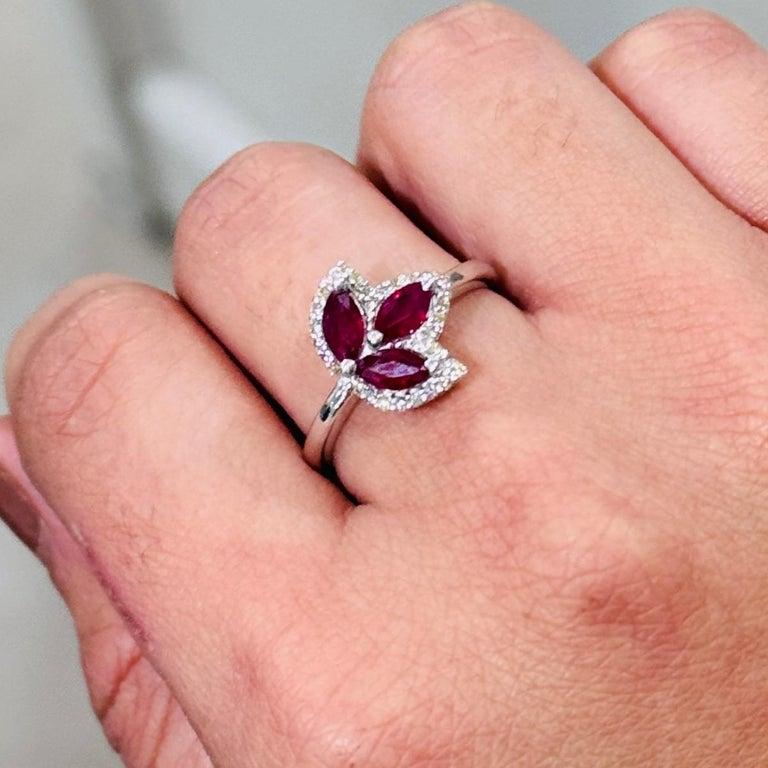 For Sale:  Marquise Cut Ruby and Halo Diamond Leaf Ring Gift for Girlfriend in 925 Silver 10