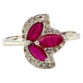 For Sale:  Marquise Cut Ruby and Halo Diamond Leaf Ring in 925 Sterling Silver
