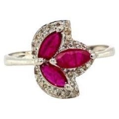 Marquise Cut Ruby and Halo Diamond Leaf Ring in 925 Sterling Silver