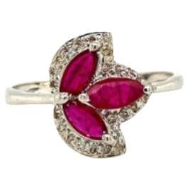 For Sale:  Marquise Cut Ruby and Halo Diamond Leaf Ring Gift for Girlfriend in 925 Silver