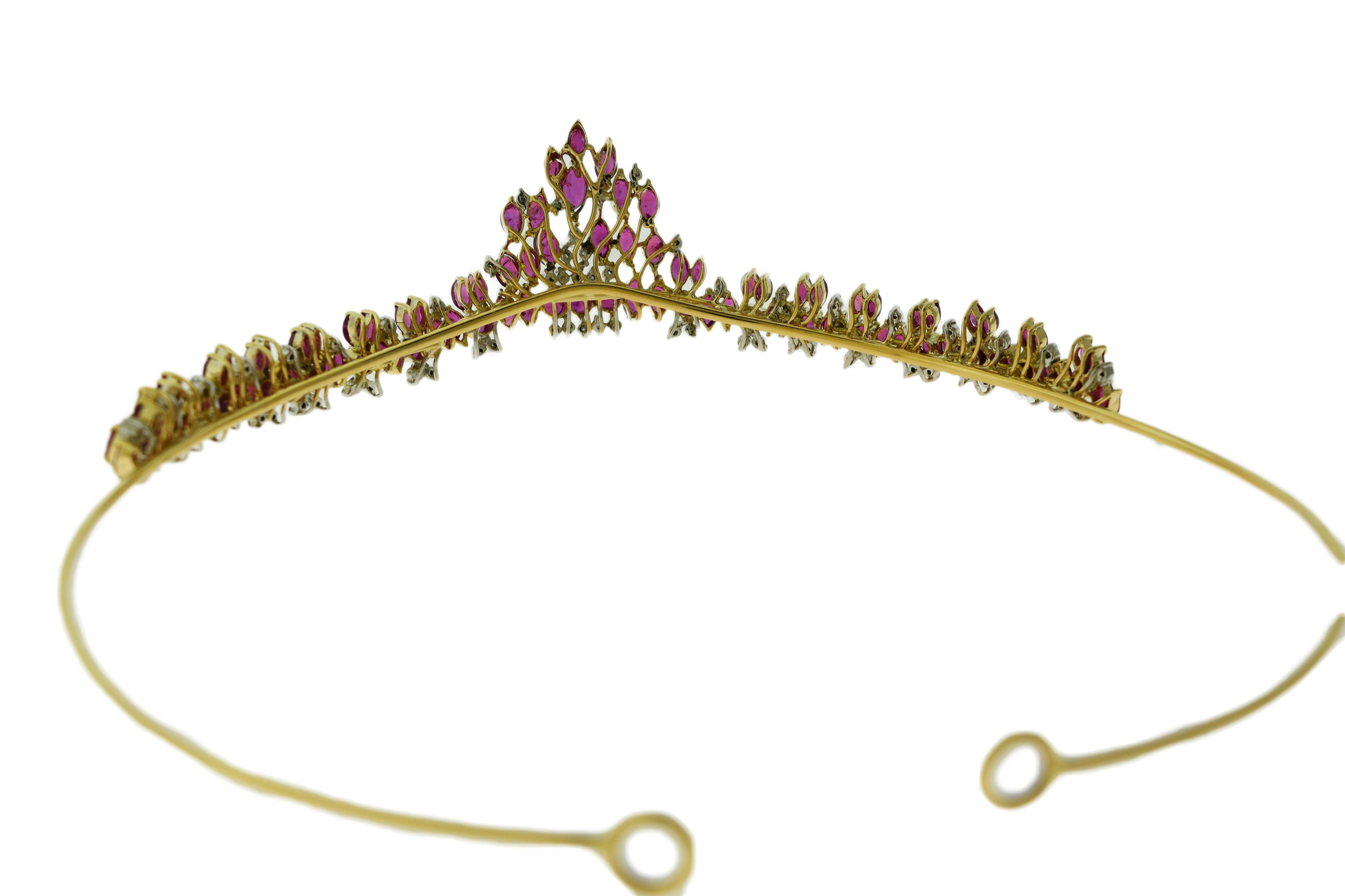 Marquise Cut Ruby and Round Brilliant Cut Diamond Set in Yellow Gold Tiara In Excellent Condition In Miami, FL