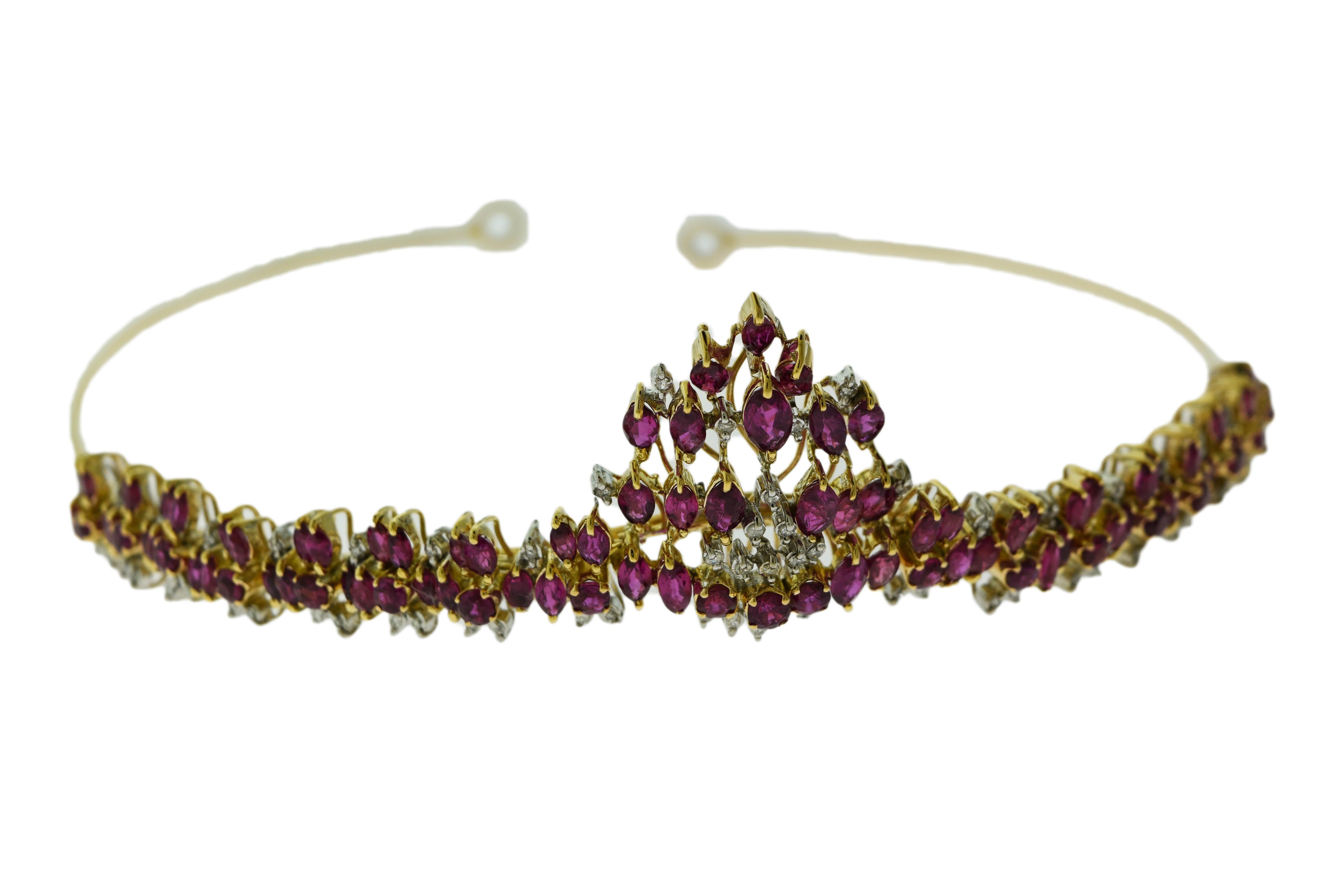 Marquise Cut Ruby and Round Brilliant Cut Diamond Set in Yellow Gold Tiara 1