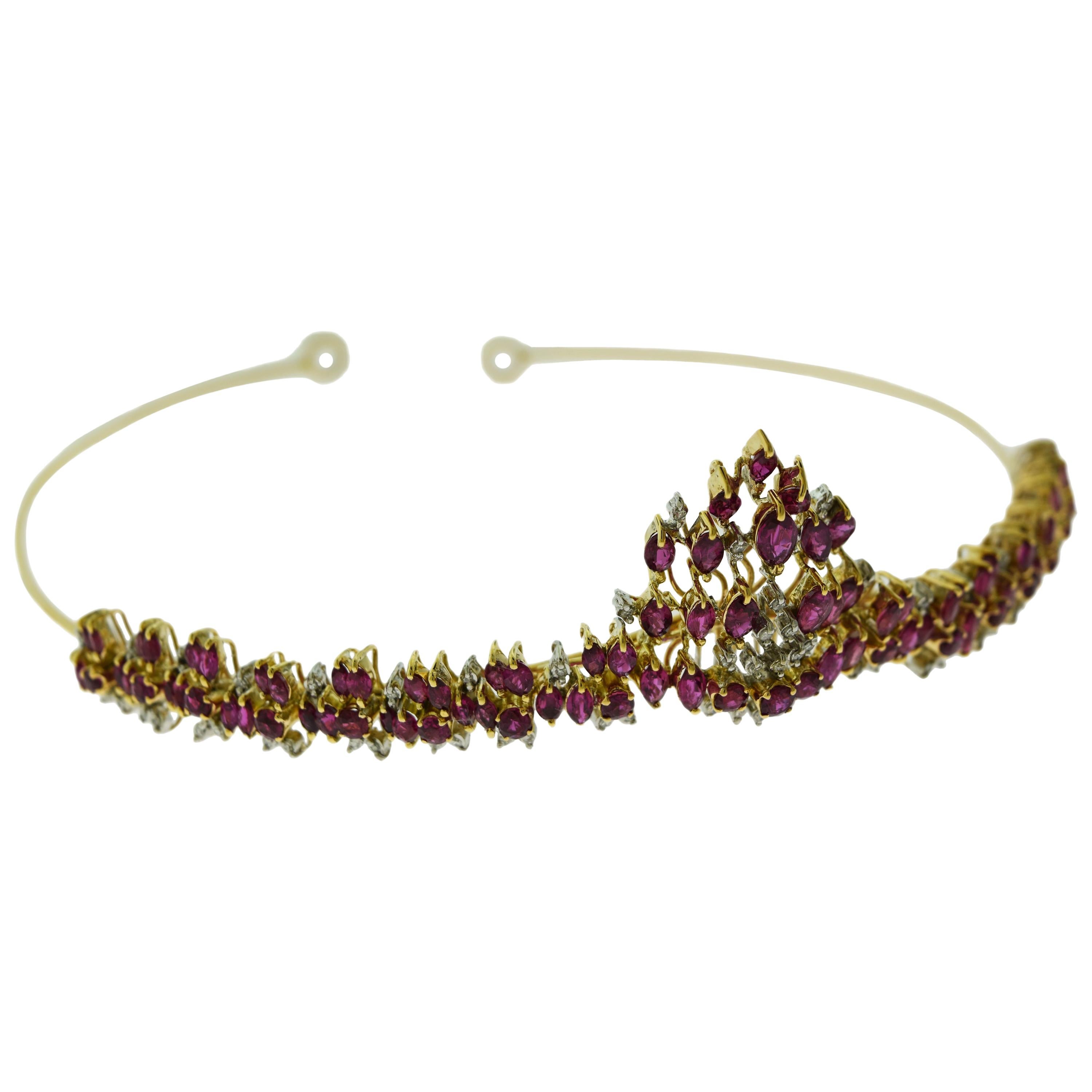 Marquise Cut Ruby and Round Brilliant Cut Diamond Set in Yellow Gold Tiara