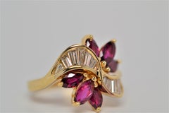 Marquise Cut Ruby & Baguette Diamond Ring Set in 18K Yellow Gold, 3.01 Carats
