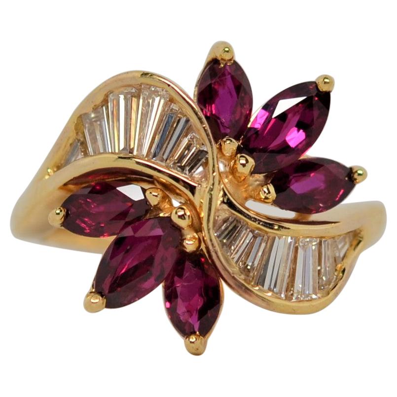 Marquise Cut Ruby & Baguette Diamond Ring Set in 18K Yellow Gold, 3.01 Carats