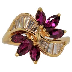 Marquise Cut Ruby & Baguette Diamond Ring Set in 18K Yellow Gold, 3.01 Carats