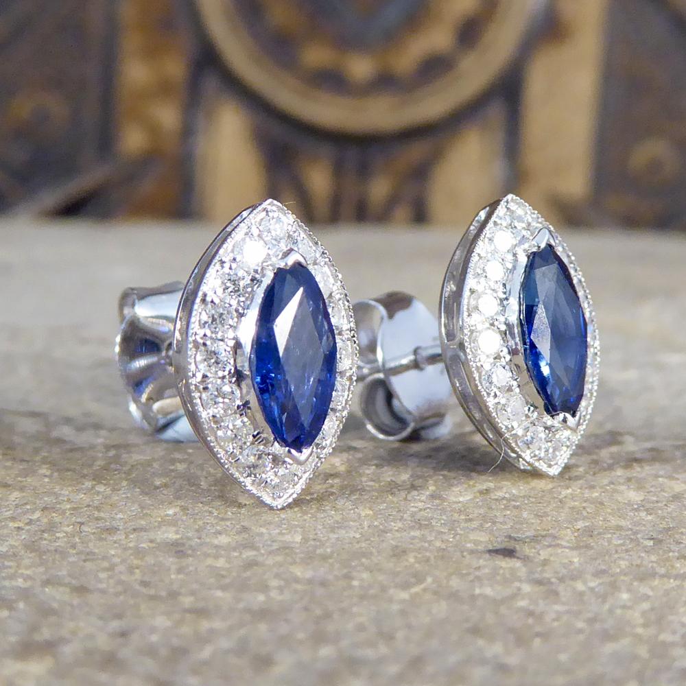 Contemporary Marquise Cut Sapphire and Diamond Cluster Earrings in 18 Carat White Gold