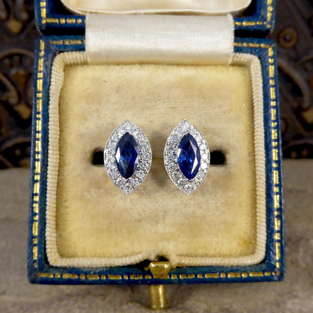 Marquise Cut Sapphire and Diamond Cluster Earrings in 18 Carat White Gold 4