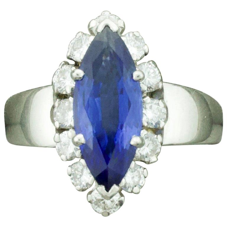 Marquise Cut Sapphire and Diamond Ring in Platinum, circa 1960s For Sale