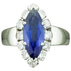 Marquise Cut Sapphire and Diamond Ring in Platinum, circa 1960s