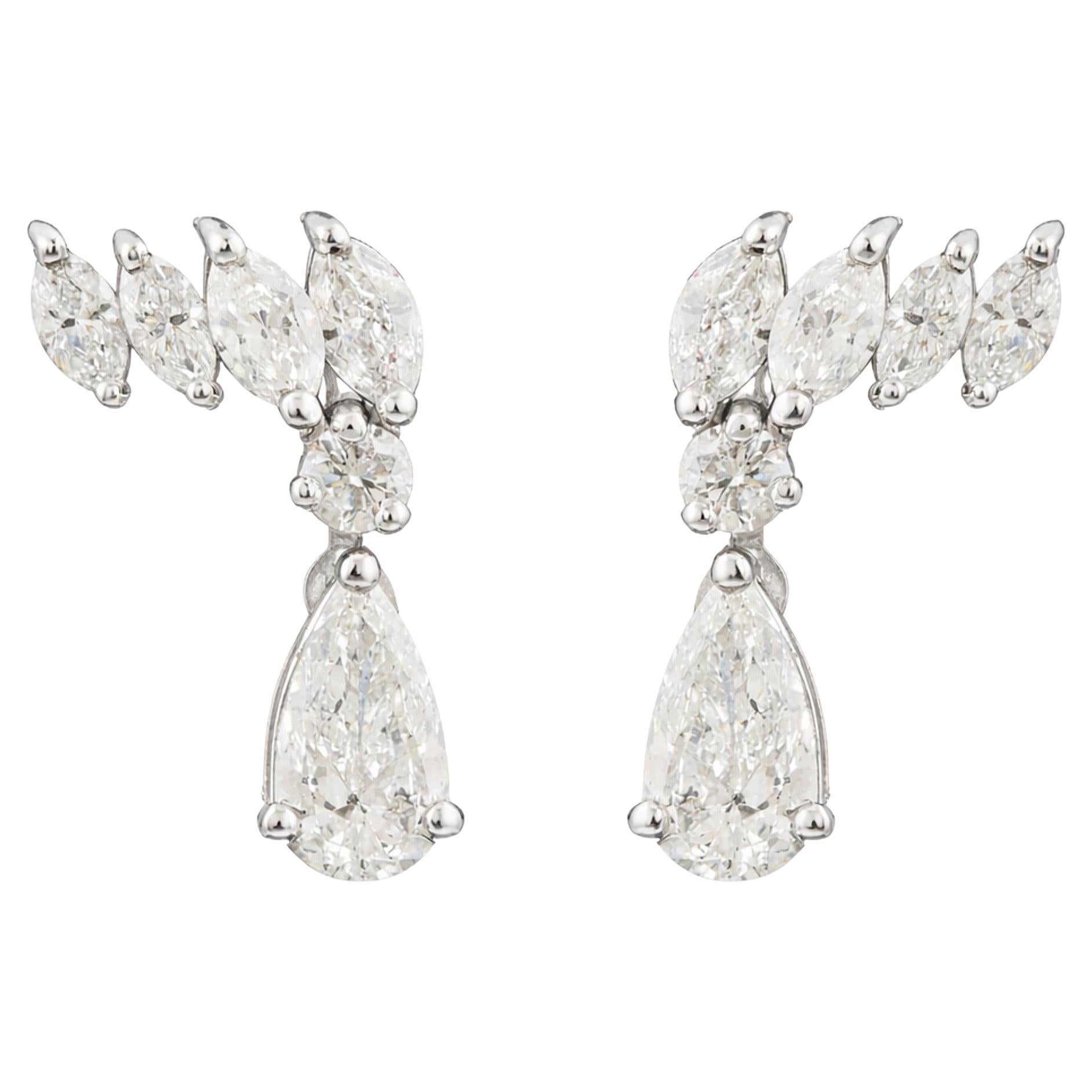 Pear and Marquise Cut Natural Diamond Drop Earrings 0.66 Carats 18K White Gold