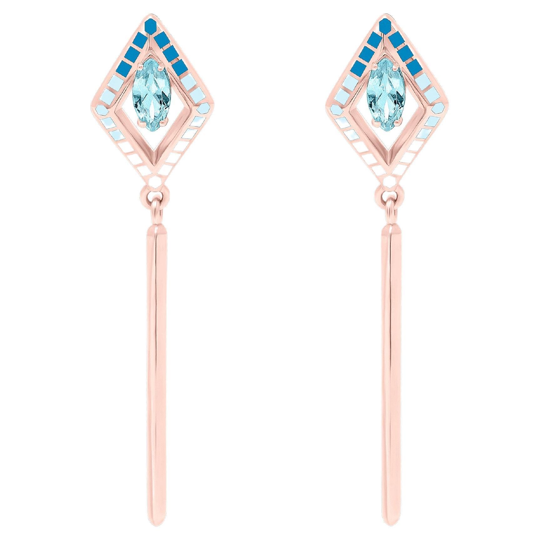Marquise Cut Sky Blue Topaz Enamel 18K Rose Gold Kora Earrings For Sale
