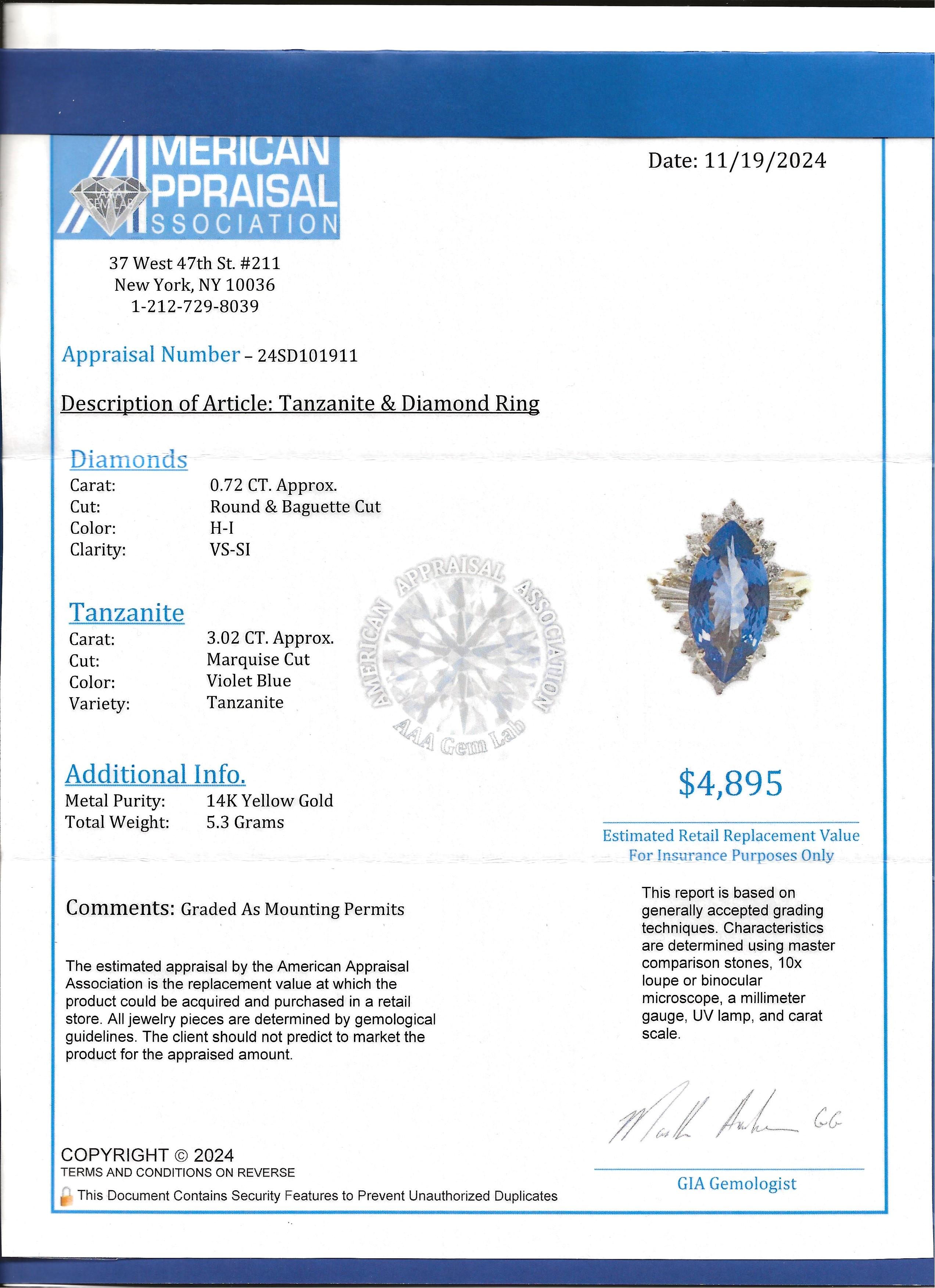 Marquise Cut Tanzanite Cocktail Ring with Diamonds in 14 Karat Yellow Gold For Sale 7