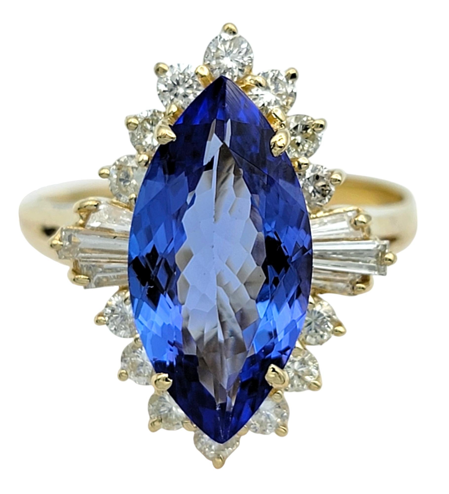 Marquise Cut Tanzanite Cocktail Ring with Diamonds in 14 Karat Yellow Gold In Good Condition For Sale In Scottsdale, AZ