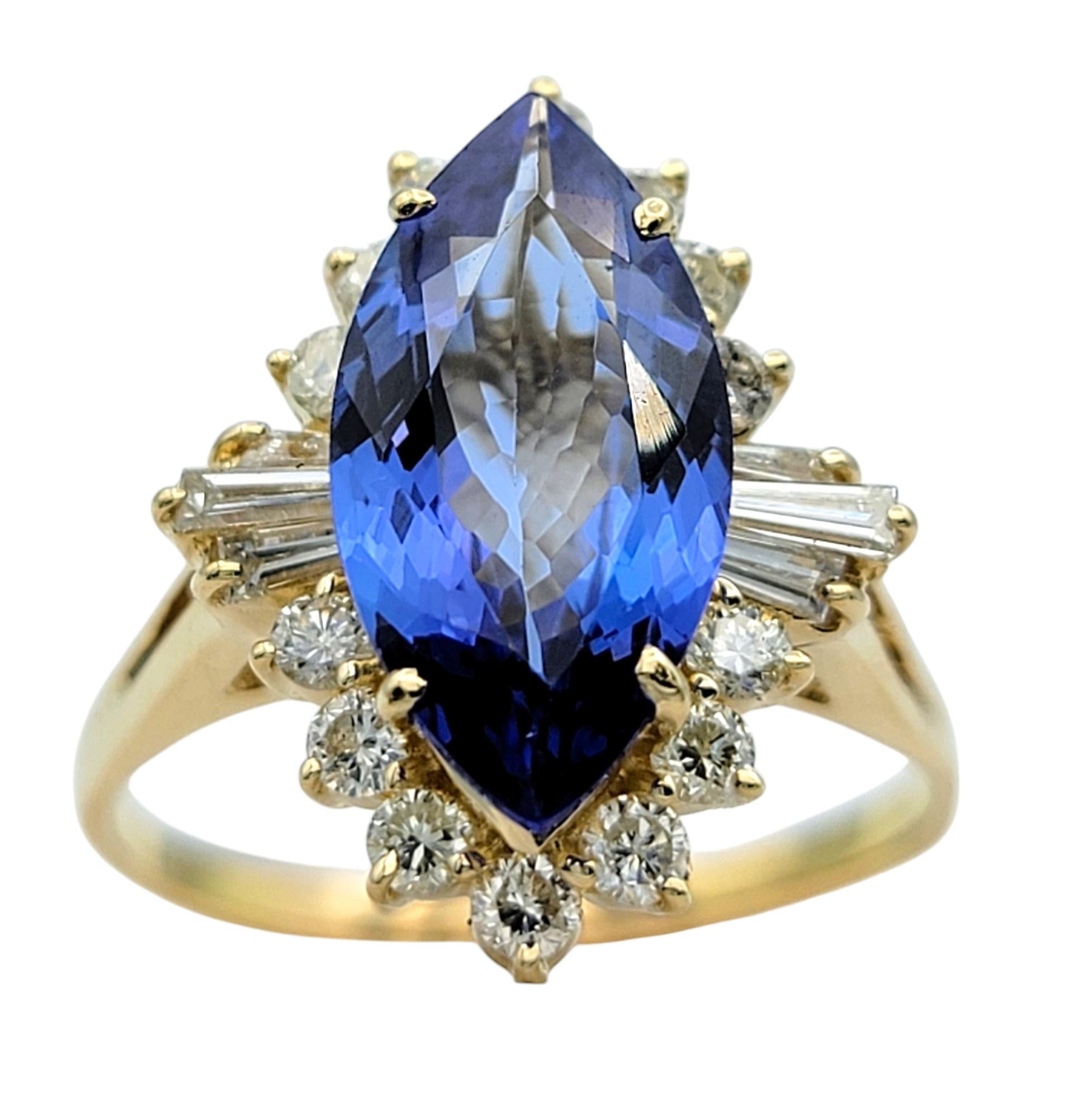 Women's Marquise Cut Tanzanite Cocktail Ring with Diamonds in 14 Karat Yellow Gold For Sale