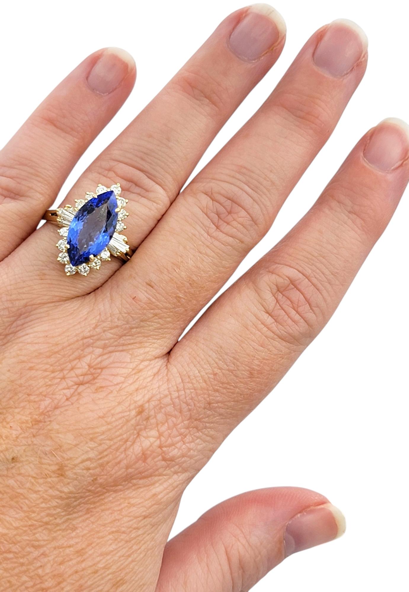Marquise Cut Tanzanite Cocktail Ring with Diamonds in 14 Karat Yellow Gold For Sale 3