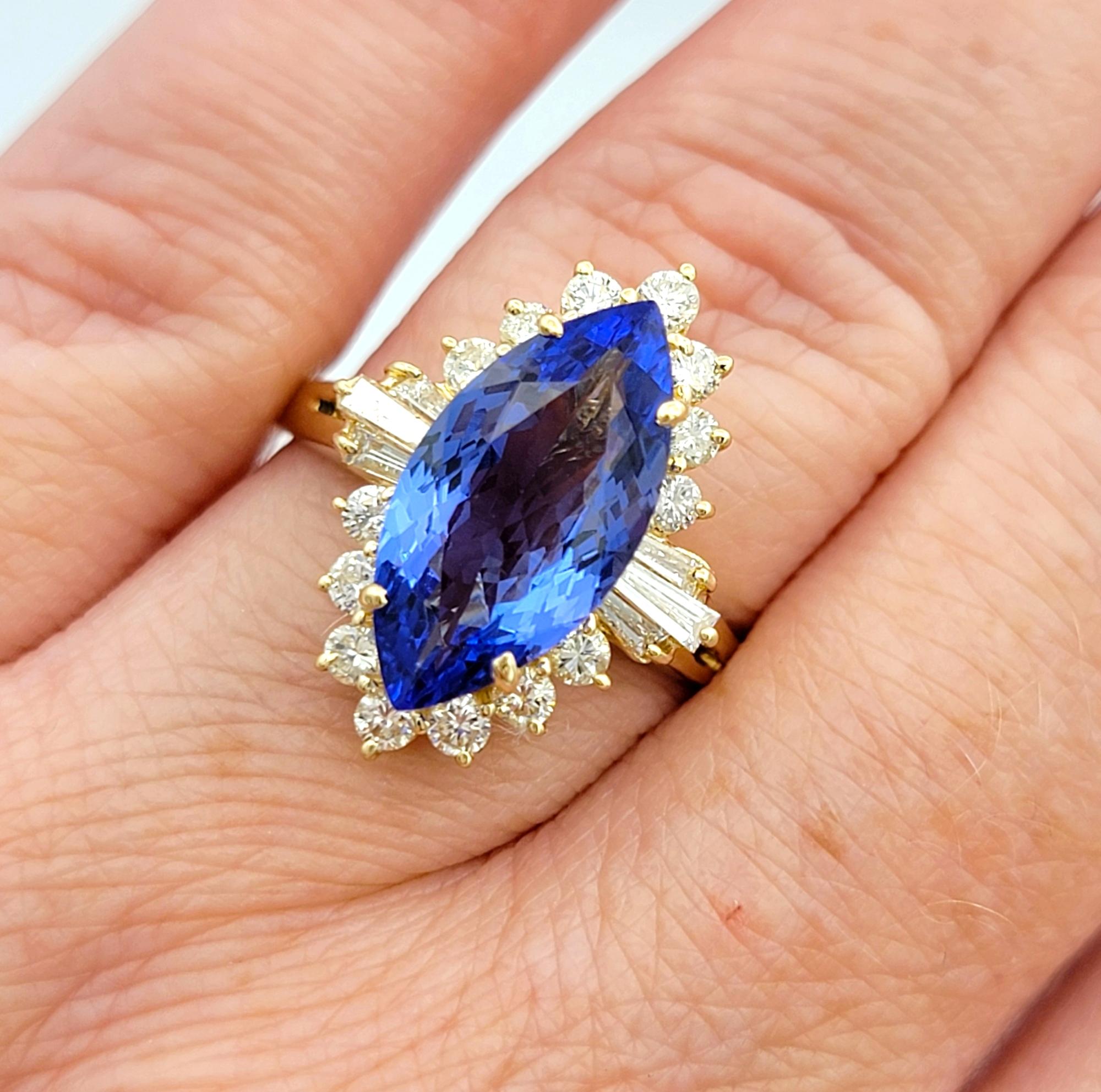 Marquise Cut Tanzanite Cocktail Ring with Diamonds in 14 Karat Yellow Gold For Sale 4