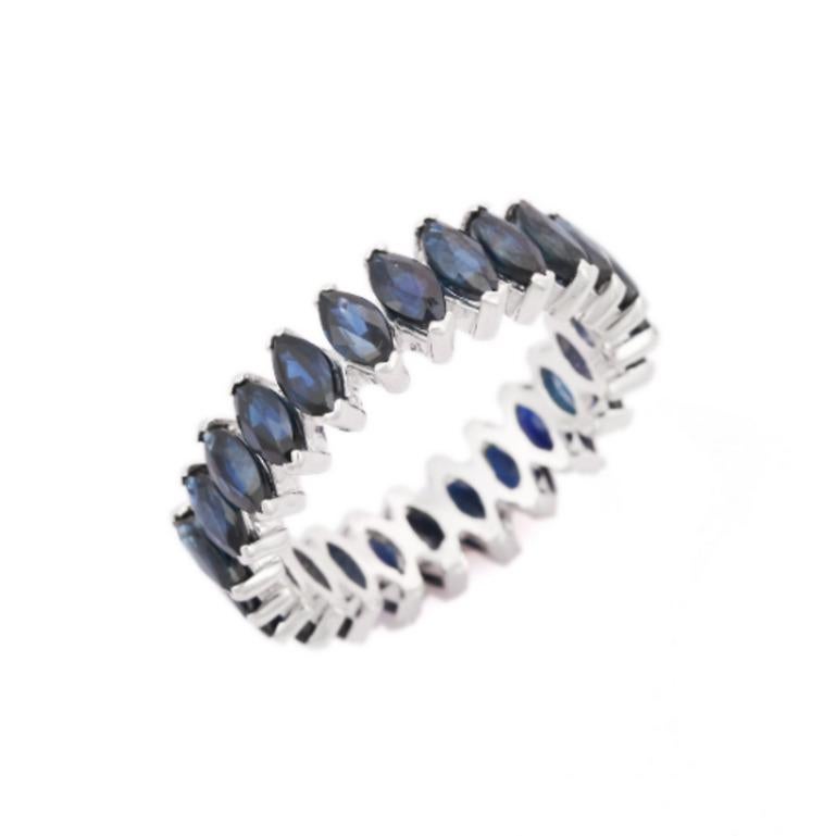 For Sale:  Marquise Deep Blue Sapphire Stackable Band Ring for Her in 925 Sterling Silver 5