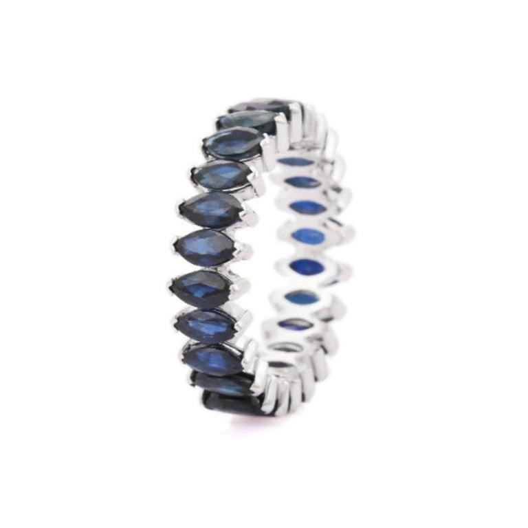 For Sale:  Marquise Deep Blue Sapphire Stackable Unisex Band Ring in 925 Sterling Silver 7