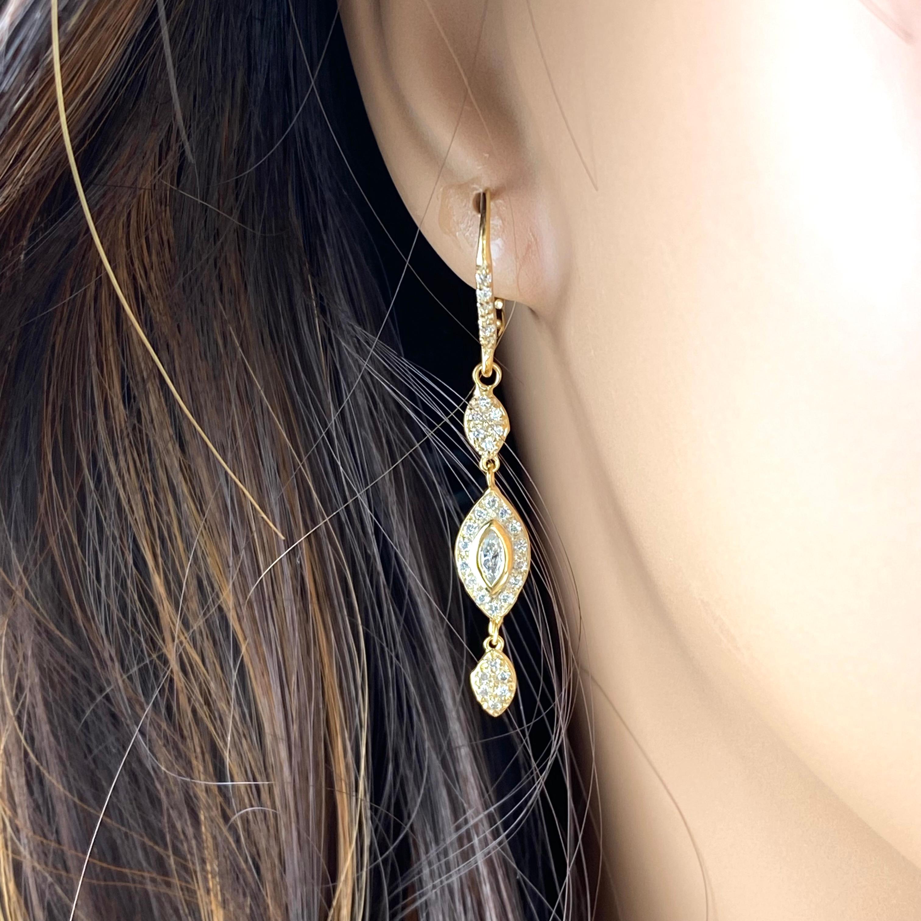   Marquise Diamond 1.25 Carat 18 Karat Yellow Gold 1.70 Inch Long Hoop Earrings  For Sale 6