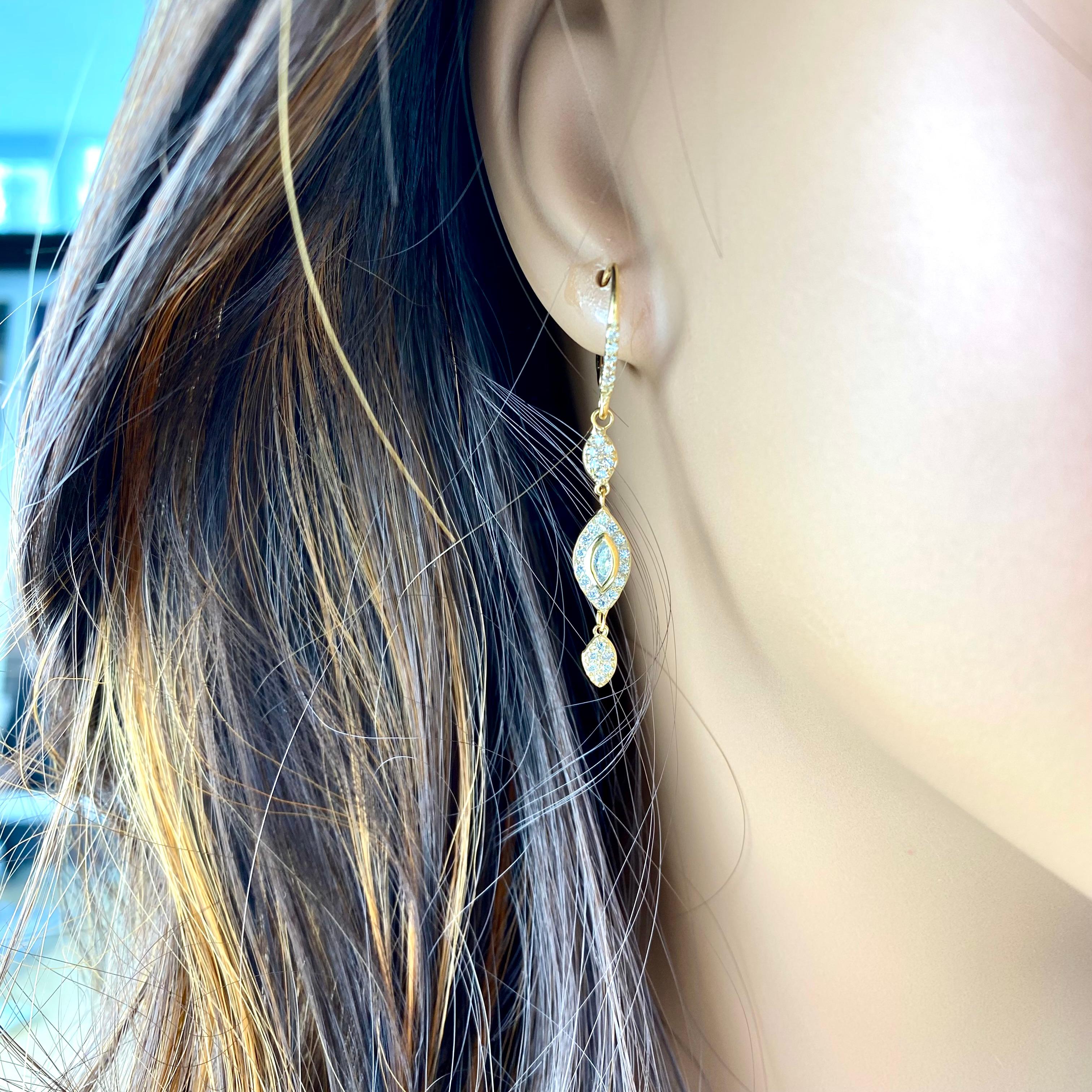 Women's   Marquise Diamond 1.25 Carat 18 Karat Yellow Gold 1.70 Inch Long Hoop Earrings  For Sale