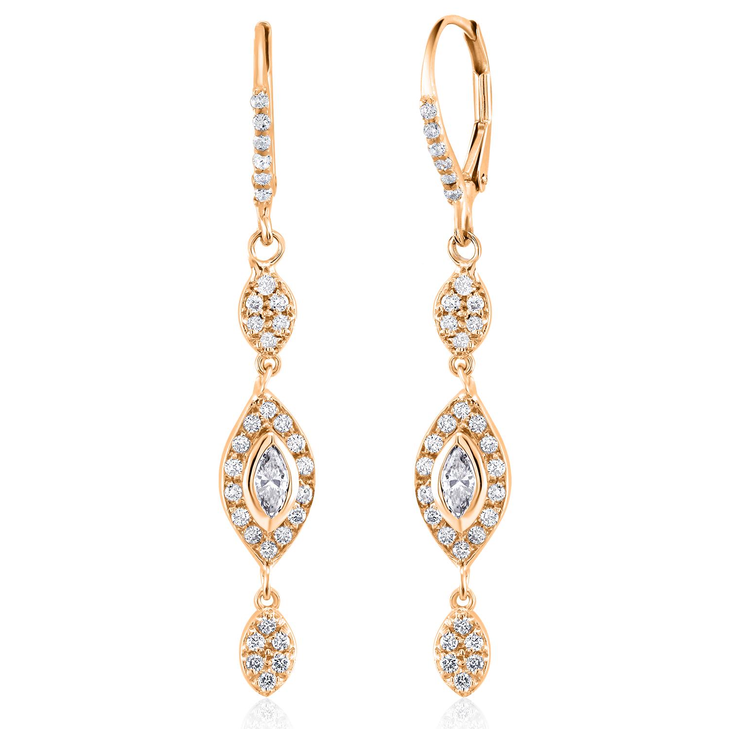   Marquise Diamond 1.25 Carat 18 Karat Yellow Gold 1.70 Inch Long Hoop Earrings  For Sale 1