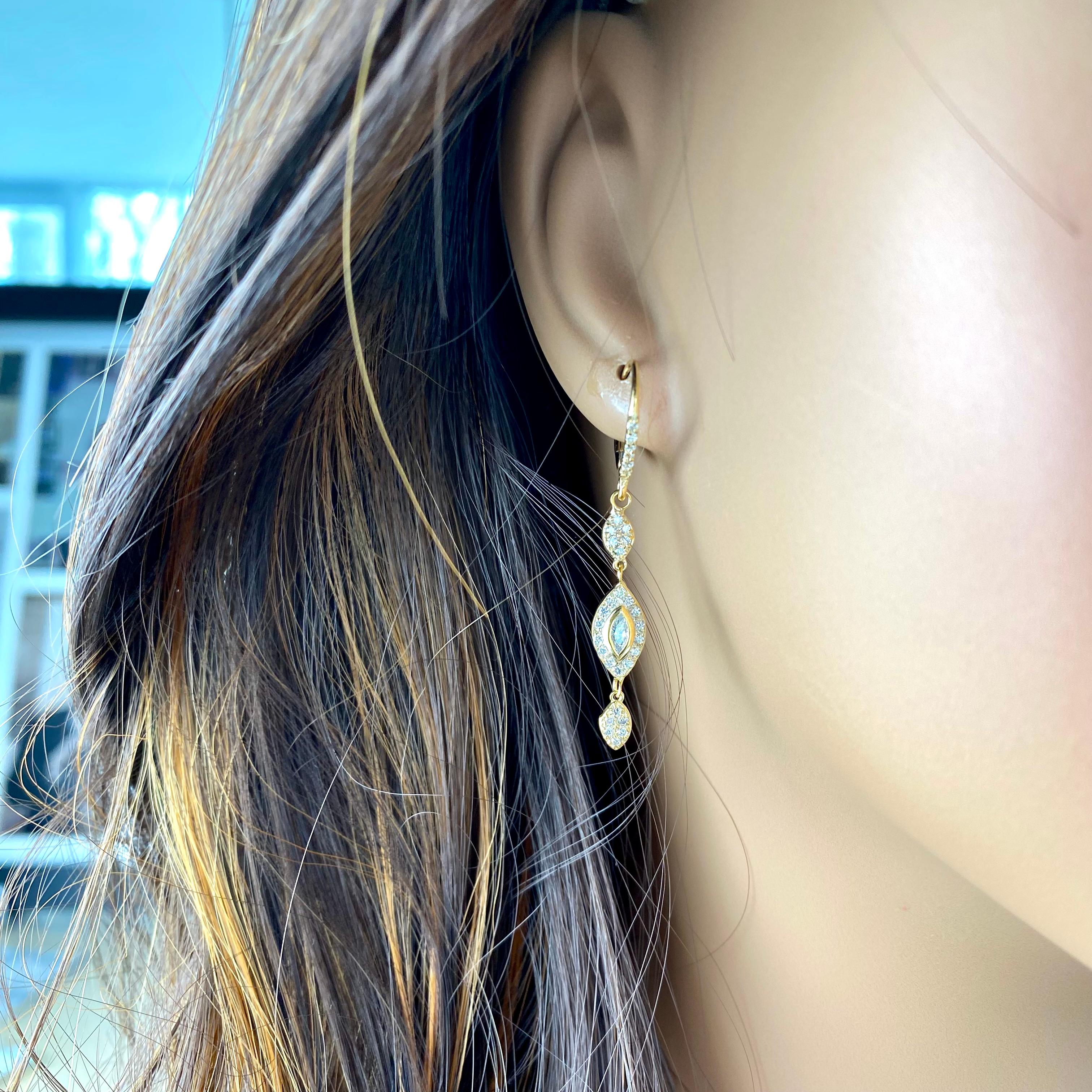  Marquise Diamond 1.25 Carat 18 Karat Yellow Gold 1.70 Inch Long Hoop Earrings  For Sale 3