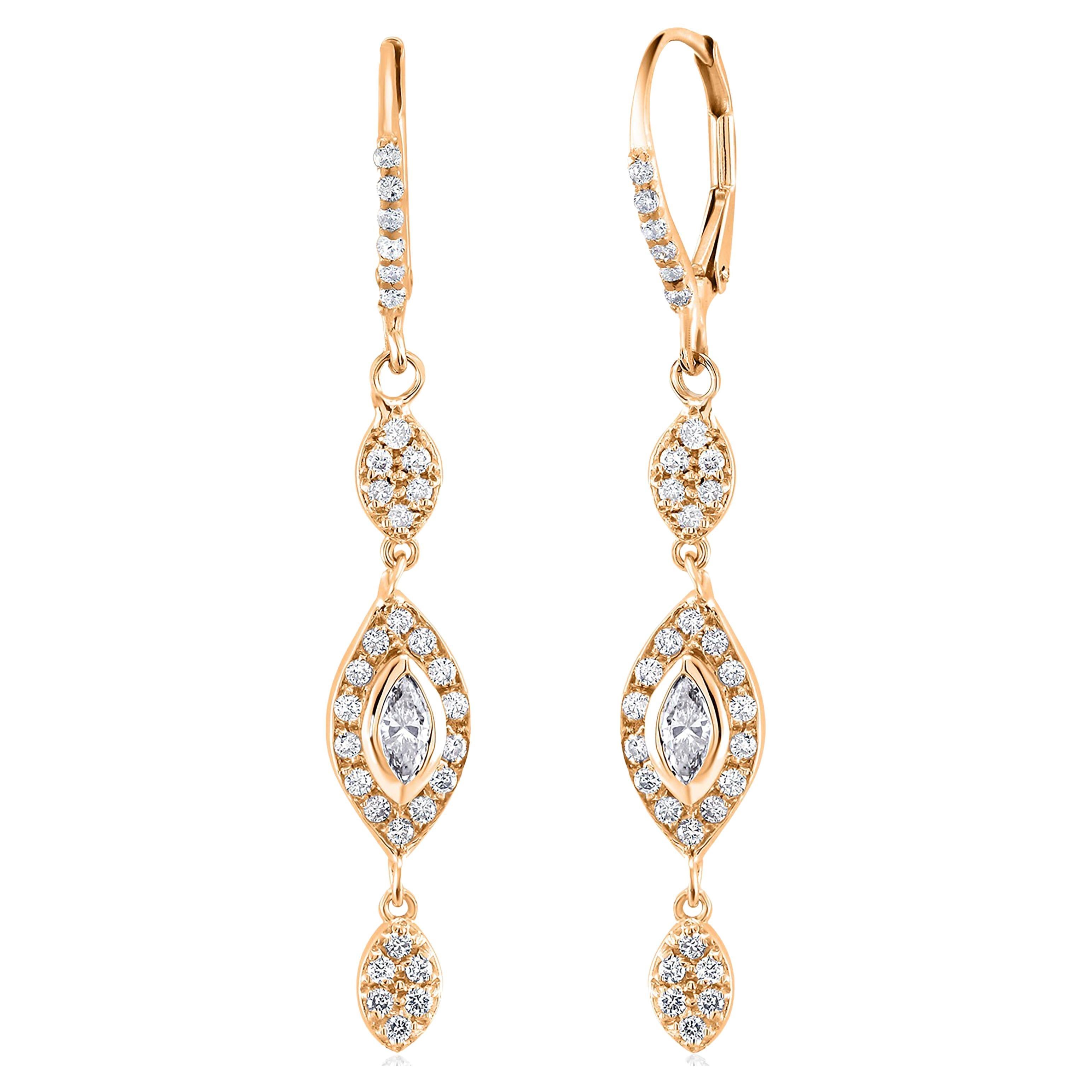   Marquise Diamond 1.25 Carat 18 Karat Yellow Gold 1.70 Inch Long Hoop Earrings  For Sale
