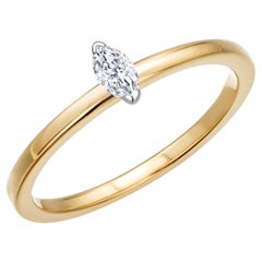 Bague de fiançailles ou d'amitié en or jaune et blanc 18 carats avec diamant marquise