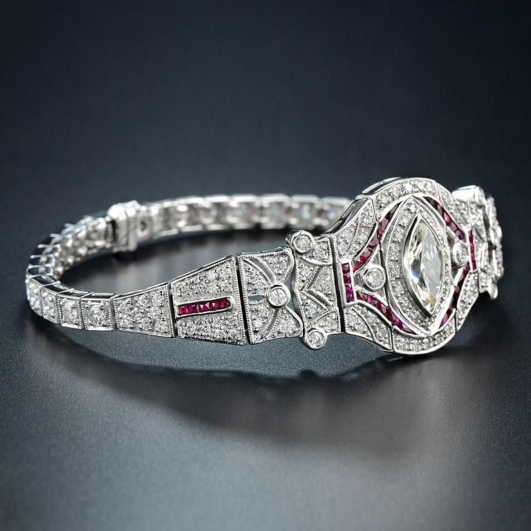 Art Deco Marquise Diamond 2.50 Carat Ruby Diamond Bracelet
