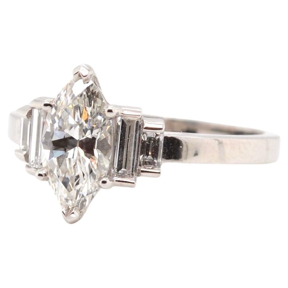 Marquise diamond and baguette diamonds ring in platinum