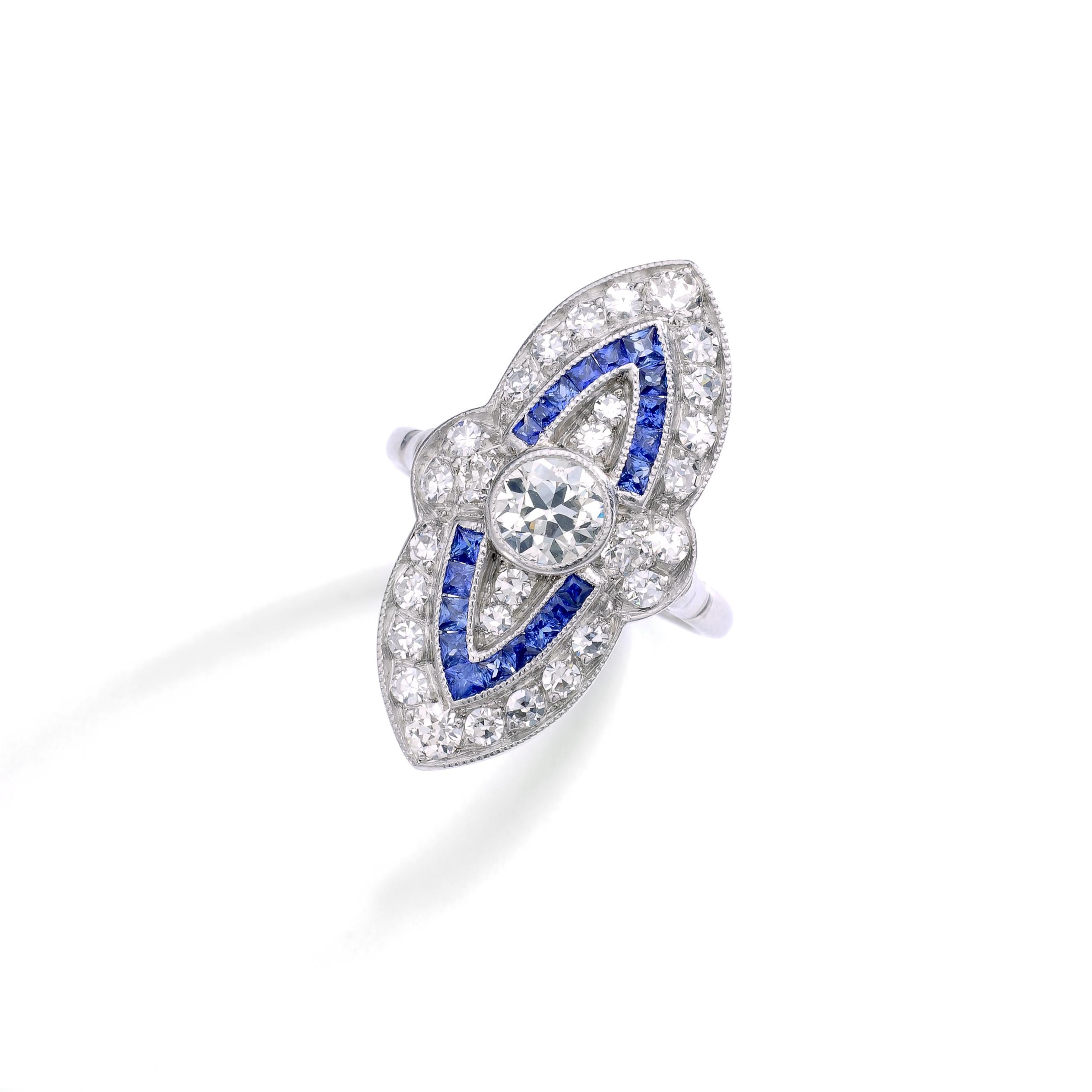 Art Deco design Marquise Diamond and calibrated Sapphire Platinum Ring.
Total Diamond weight: approximately 1.50 carat.

Ring size: 6.