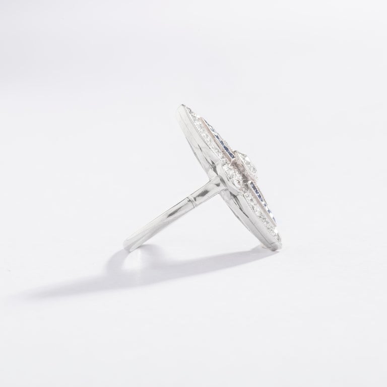 Art Deco Marquise Diamond and Calibrated Sapphire Platinum Ring For Sale