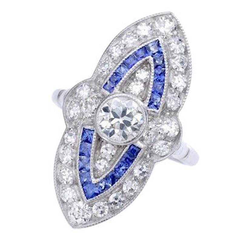 Marquise Diamond and Calibrated Sapphire Platinum Ring