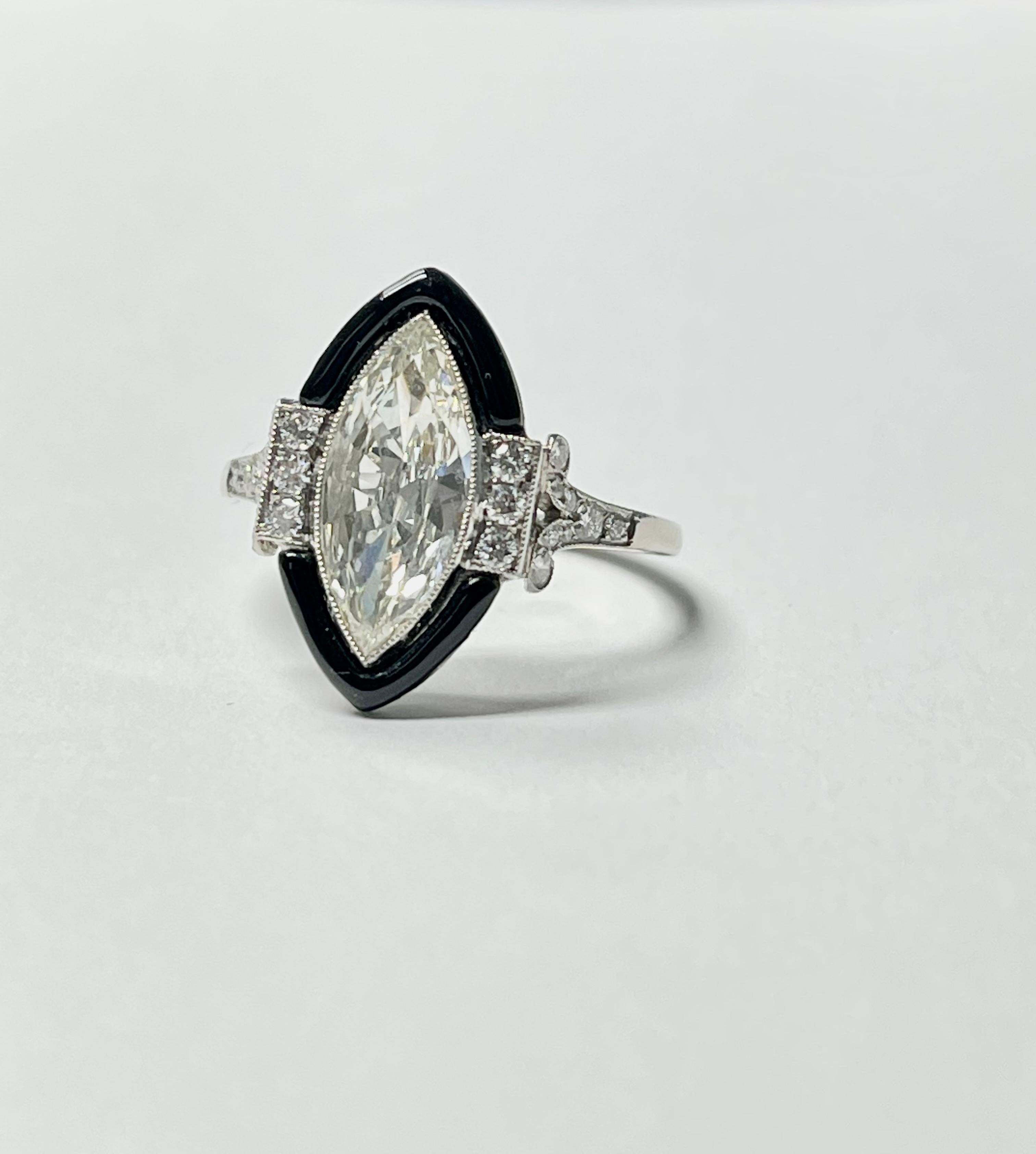 Marquise Diamond and Enamel Engagement Ring in Platinum For Sale 1